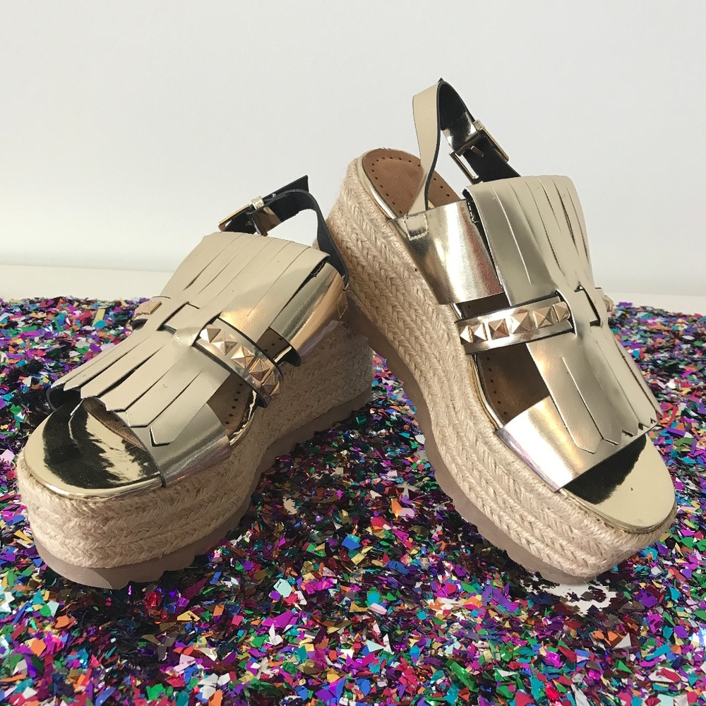Gold spike and fringe wedge flatform sandals